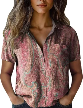 Vintage Boho Tops for Women Floral Print Gauze Shirt Casual Short Sleeve Button Up Blouses Ethnic Tshirts Tops