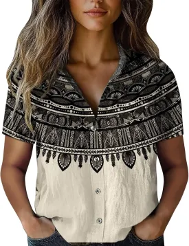 Vintage Boho Tops for Women Floral Print Gauze Shirt Casual Short Sleeve Button Up Blouses Ethnic Tshirts Tops