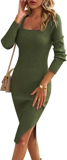 VintageClothing Women's 2025 Fall Long Sleeve Sweater Dress Square Neck Side Slit Bodycon Ribbed Knit Slim Fit Midi Dress