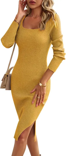 VintageClothing Women's 2025 Fall Long Sleeve Sweater Dress Square Neck Side Slit Bodycon Ribbed Knit Slim Fit Midi Dress