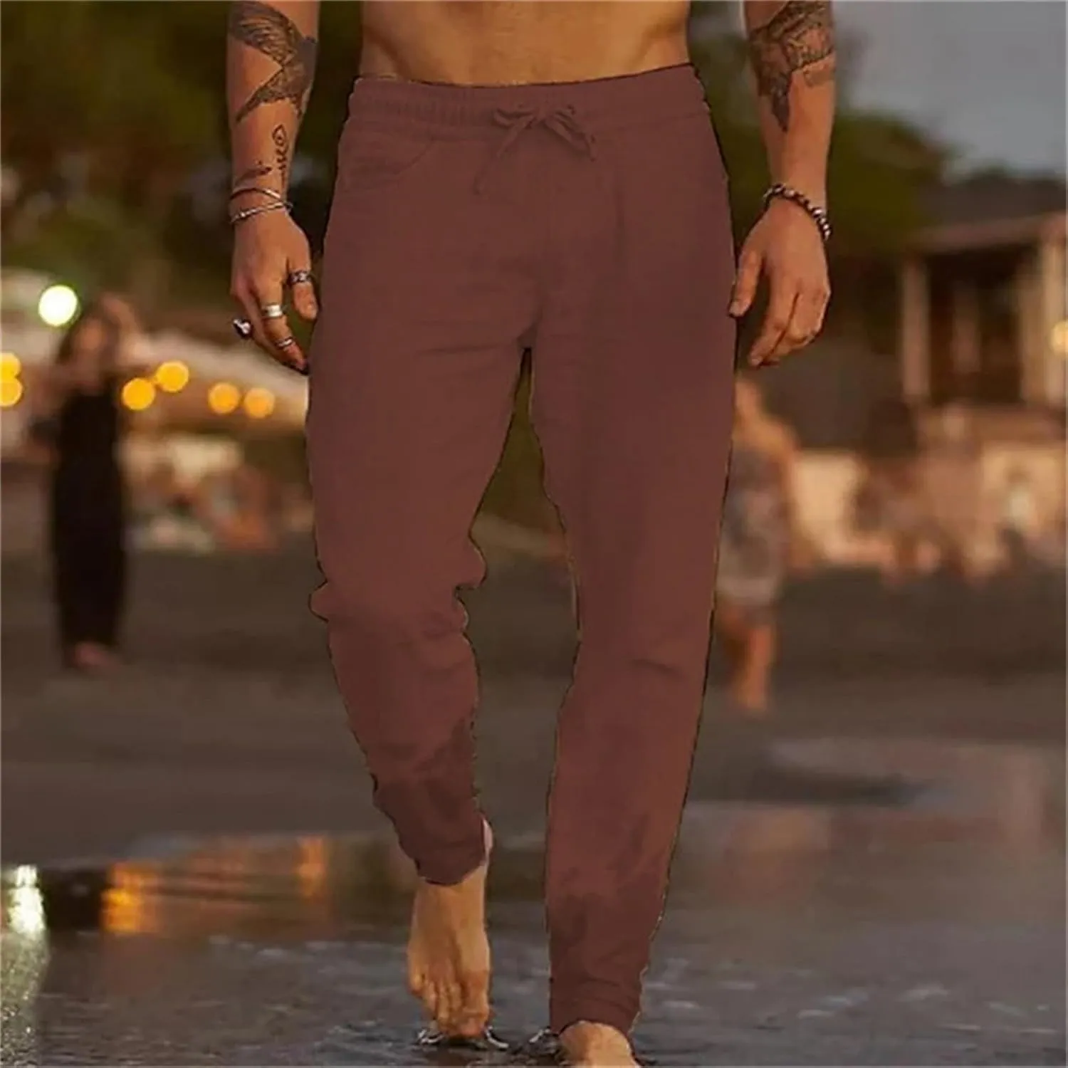 Wankang Men's Linen Pants Casual Loose Fit Comfort Long Lounge Pant Summer Lightweight Drawstring Yoga Beach Trousers for Men