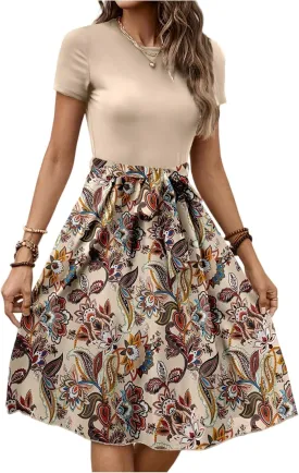 Wedding Guest Dresses for Women Short Sleeve Floral Sundress Elegant Boho Tie Belted Empire Waist Ruffle Hem Flowy Dress