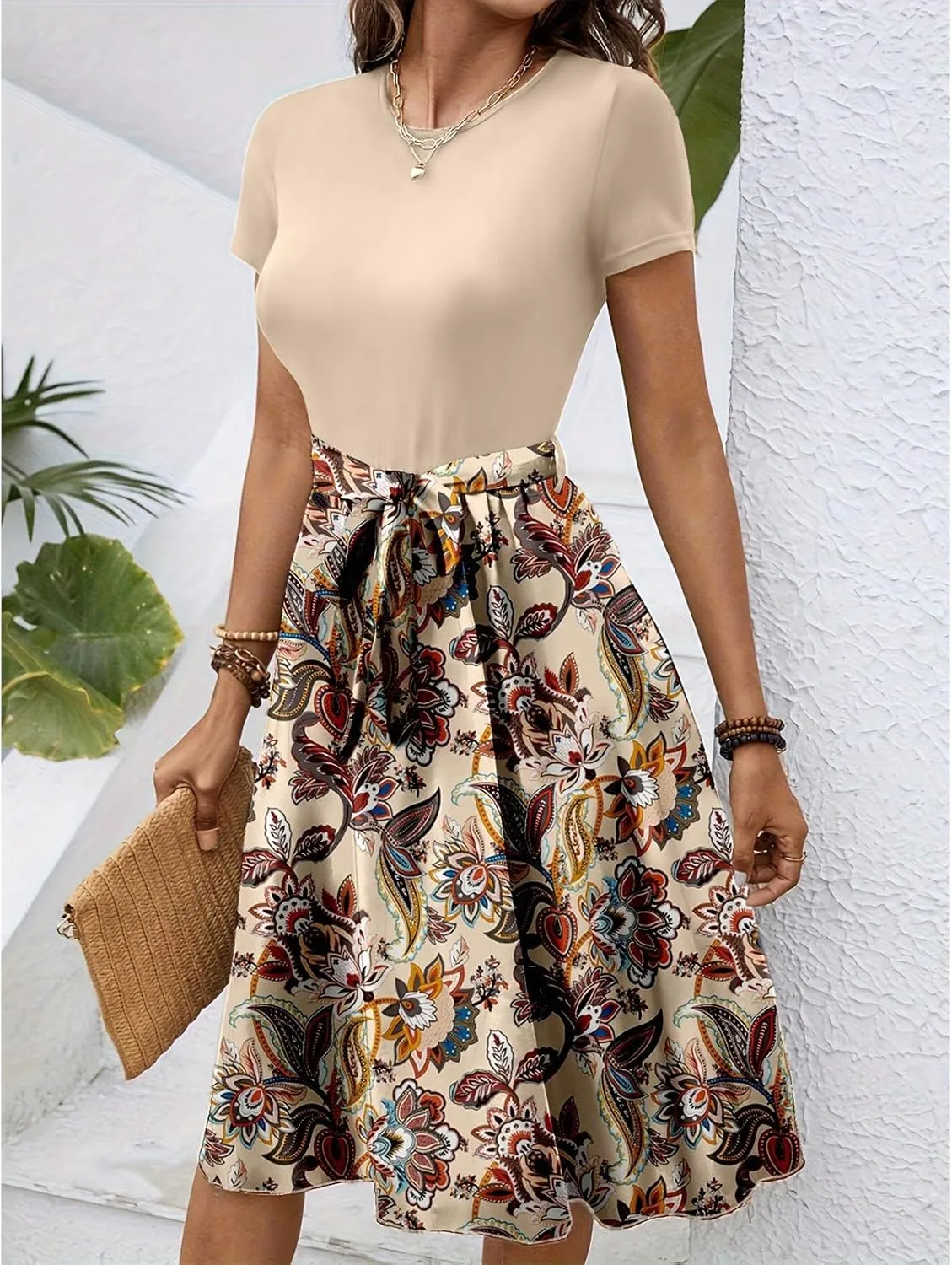 Wedding Guest Dresses for Women Short Sleeve Floral Sundress Elegant Boho Tie Belted Empire Waist Ruffle Hem Flowy Dress