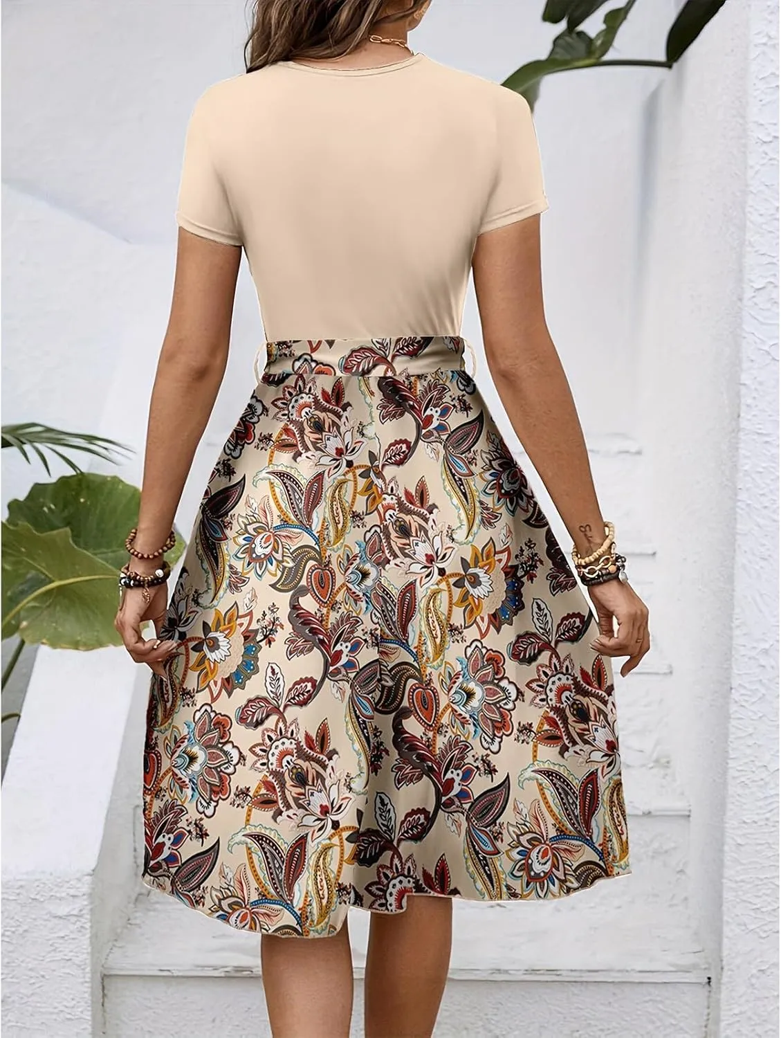 Wedding Guest Dresses for Women Short Sleeve Floral Sundress Elegant Boho Tie Belted Empire Waist Ruffle Hem Flowy Dress
