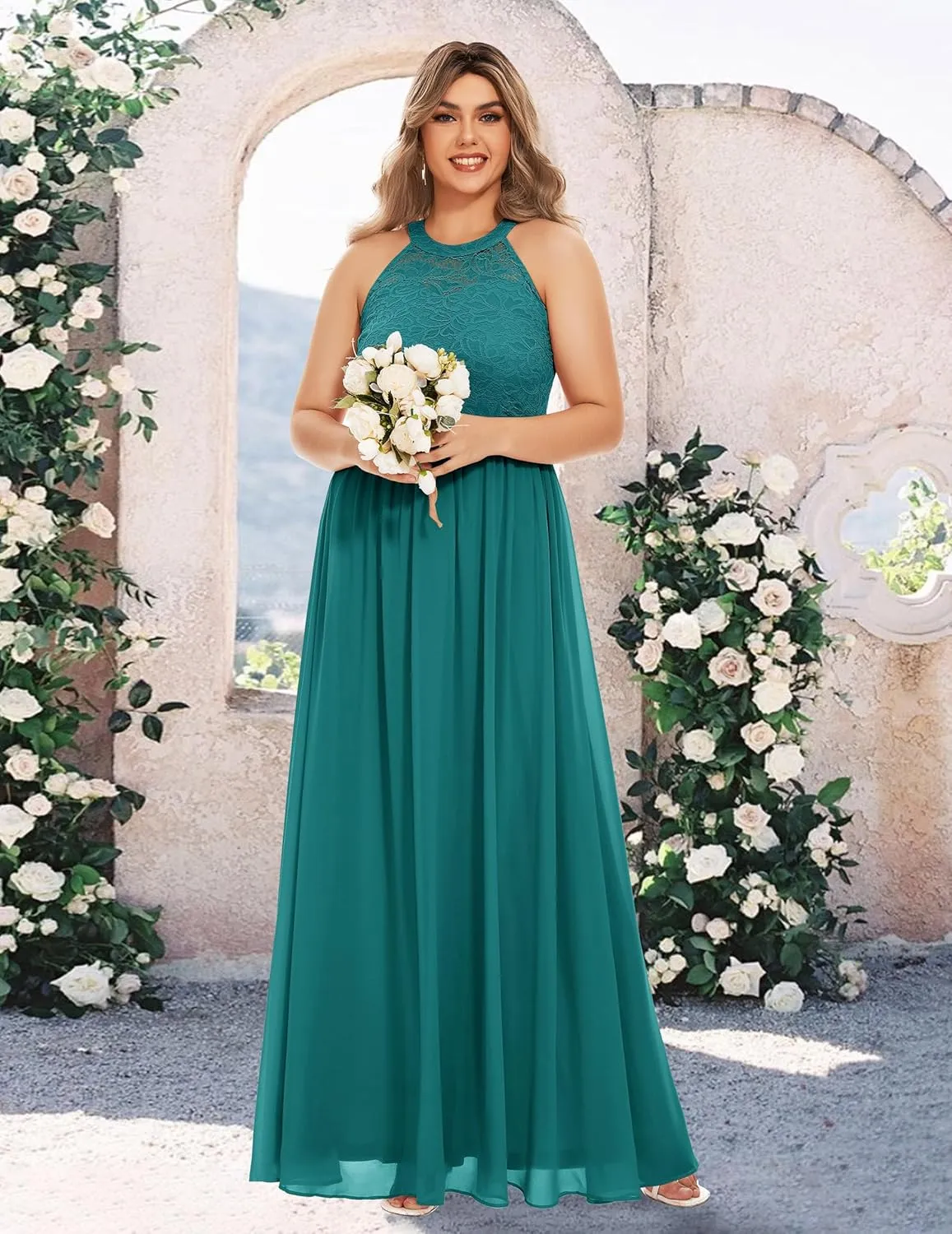 Wedtrend Women's Formal Dress, Halter Long Prom Dress Floral Lace Bridesmaid Dresses