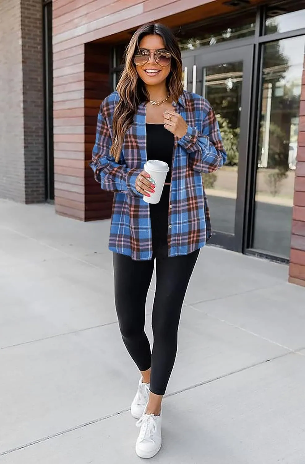 Wenrine Womens Long Sleeve Button Down Shirt Casual Plaid Flannel Shirt Collared Blouse Tops