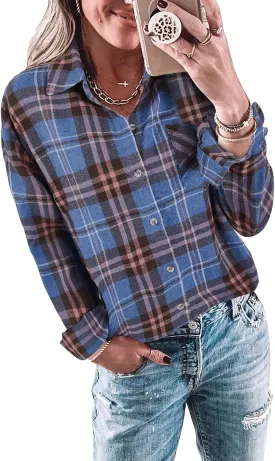 Wenrine Womens Long Sleeve Button Down Shirt Casual Plaid Flannel Shirt Collared Blouse Tops