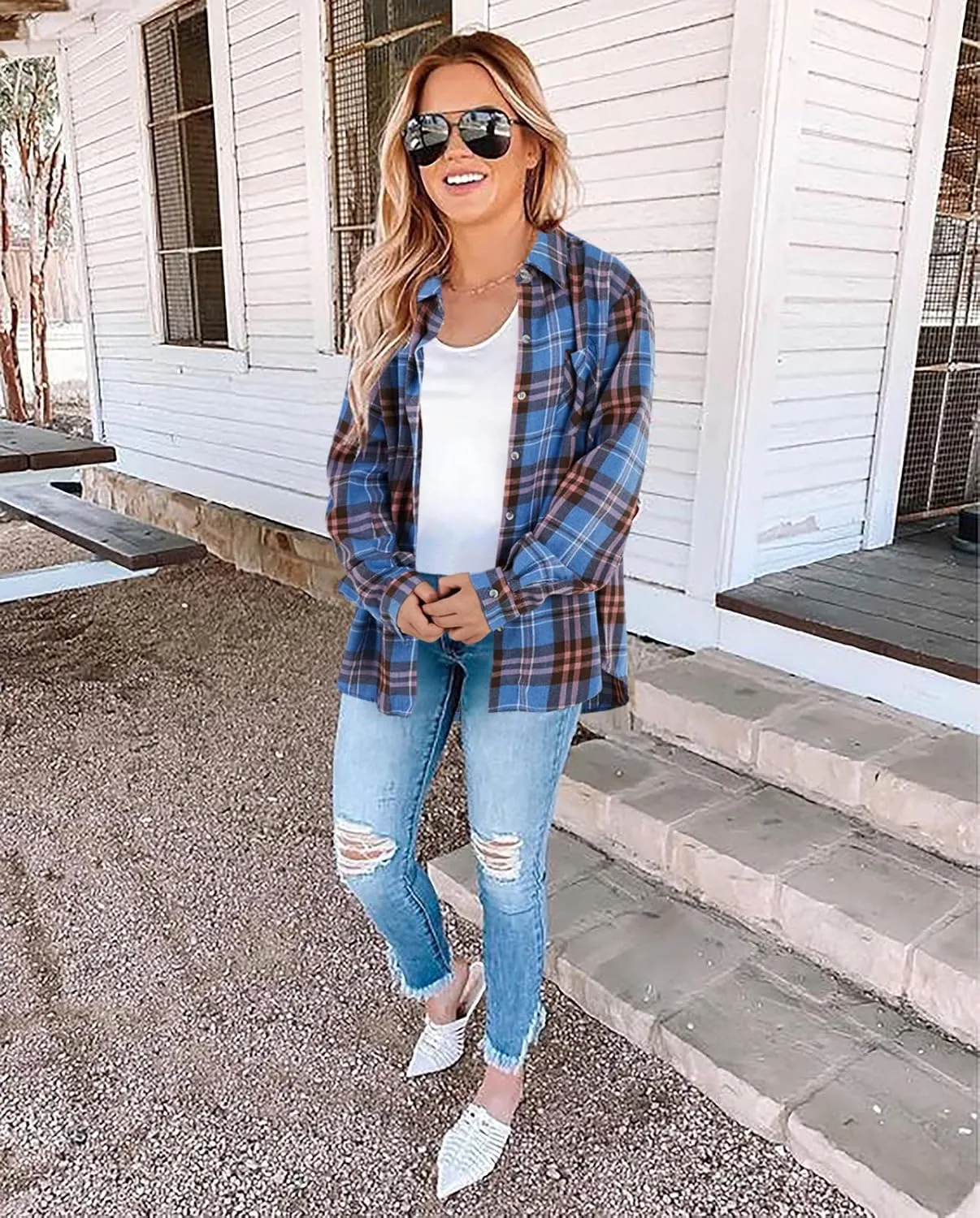 Wenrine Womens Long Sleeve Button Down Shirt Casual Plaid Flannel Shirt Collared Blouse Tops