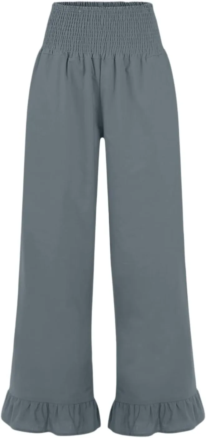 Wide Leg Linen Pants Women Smocked High Waisted Palazzo Pants Lightweight Baggy Boho Beach Lounge Trousers w/Pockets