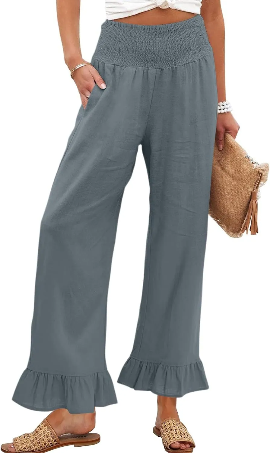 Wide Leg Linen Pants Women Smocked High Waisted Palazzo Pants Lightweight Baggy Boho Beach Lounge Trousers w/Pockets