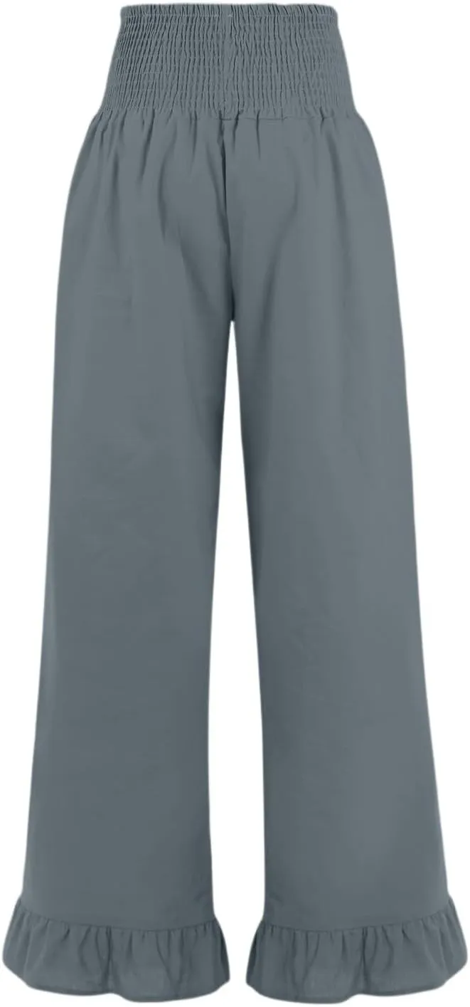 Wide Leg Linen Pants Women Smocked High Waisted Palazzo Pants Lightweight Baggy Boho Beach Lounge Trousers w/Pockets