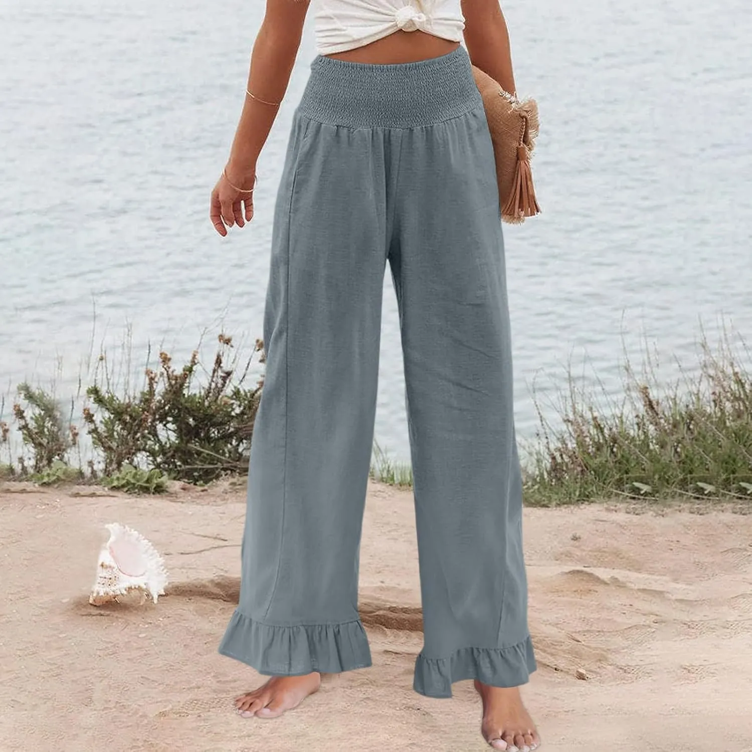 Wide Leg Linen Pants Women Smocked High Waisted Palazzo Pants Lightweight Baggy Boho Beach Lounge Trousers w/Pockets