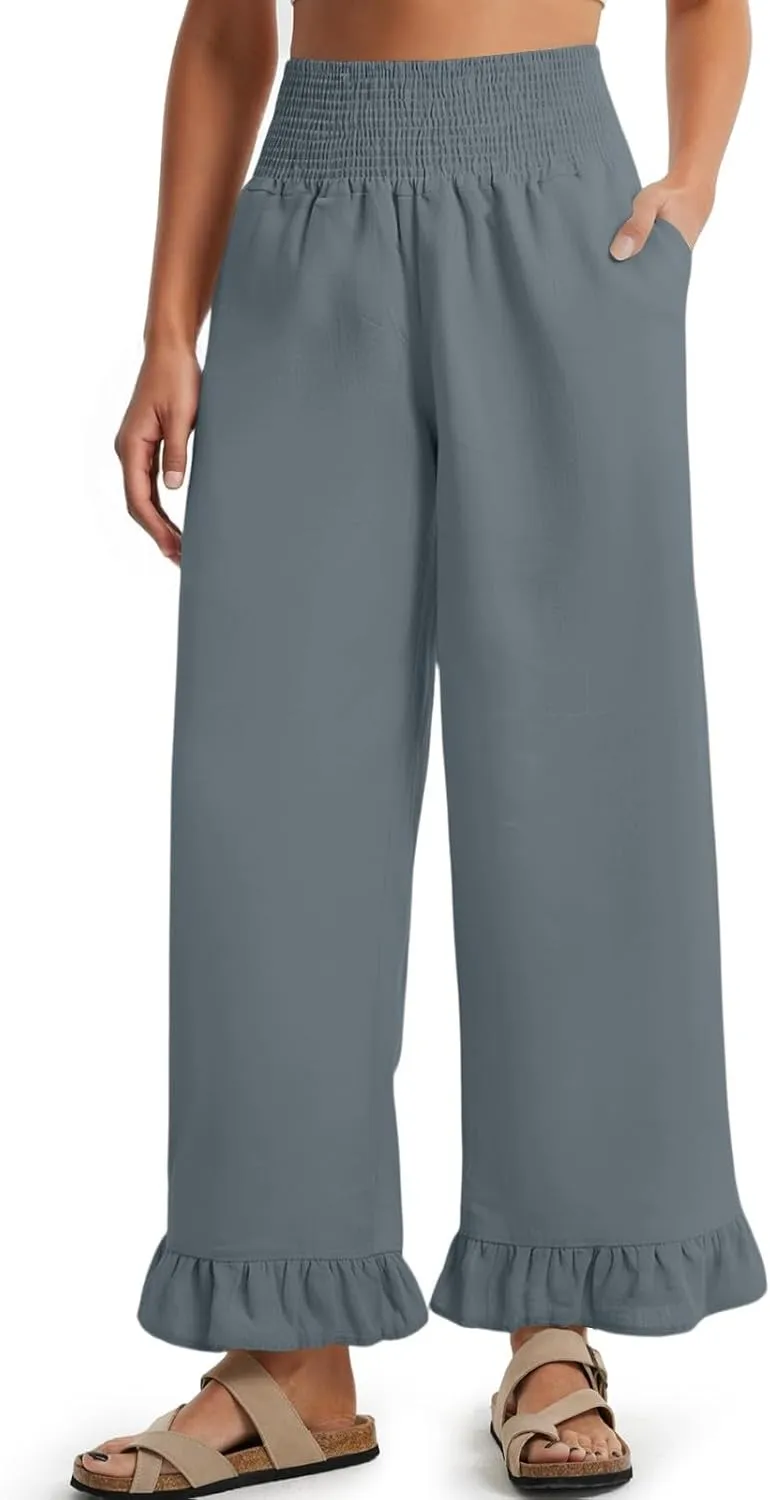 Wide Leg Linen Pants Women Smocked High Waisted Palazzo Pants Lightweight Baggy Boho Beach Lounge Trousers w/Pockets