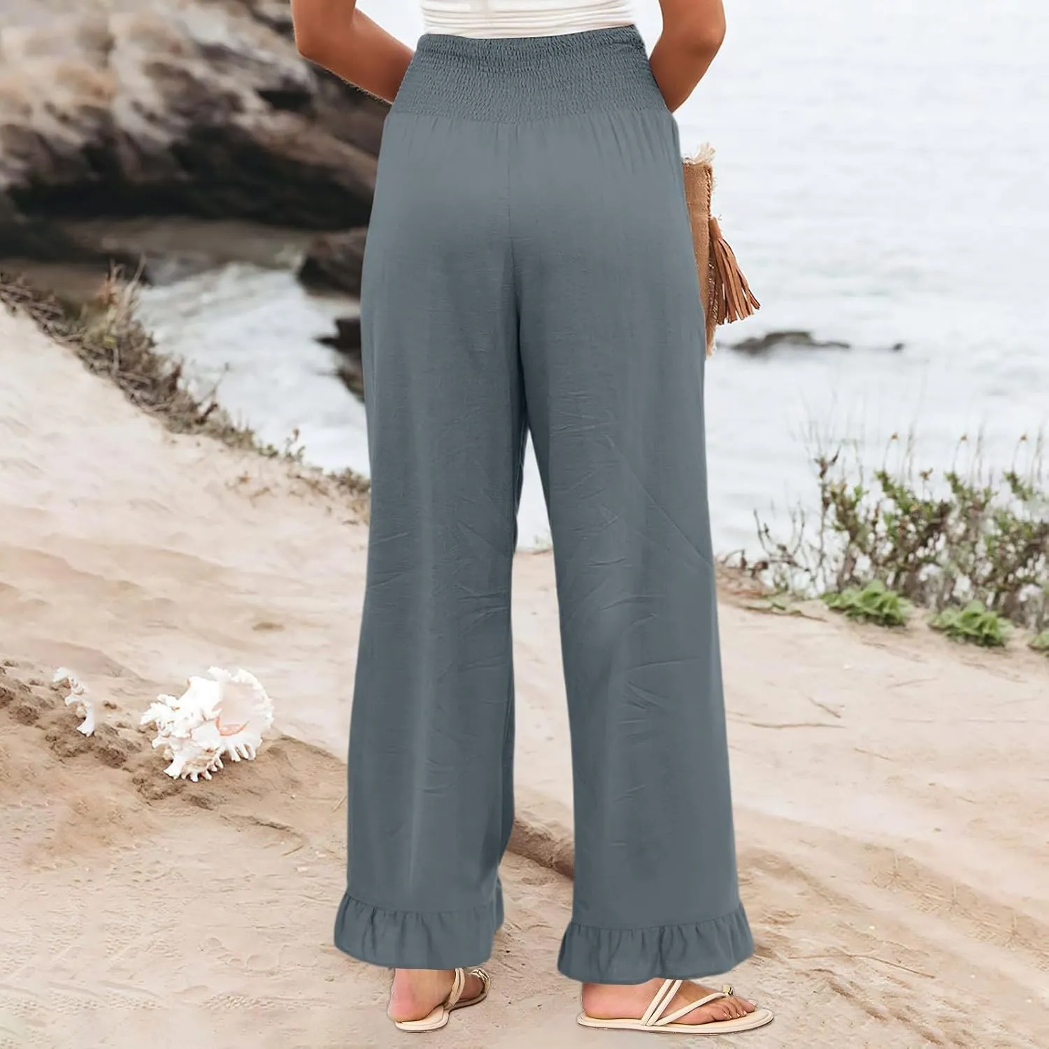Wide Leg Linen Pants Women Smocked High Waisted Palazzo Pants Lightweight Baggy Boho Beach Lounge Trousers w/Pockets