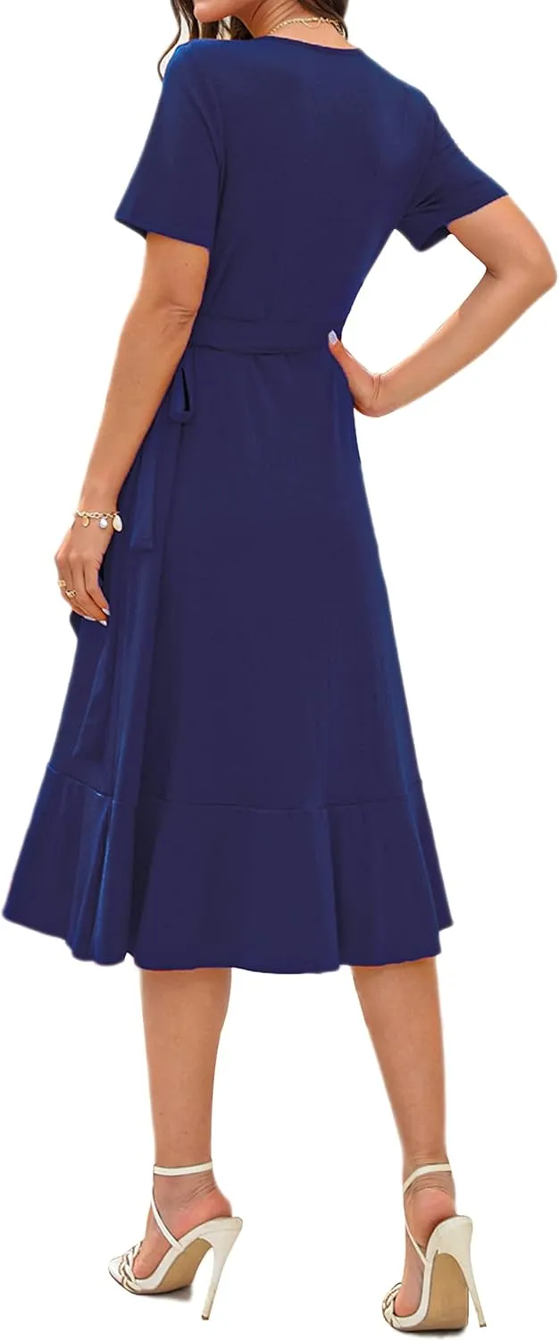 WINDMILL Women V-Neck Wrap Dress Short Sleeve Tie Waist Midi Flowy Beach Summer Dresses