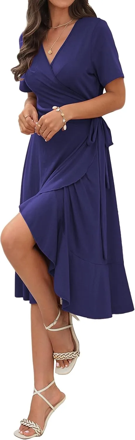 WINDMILL Women V-Neck Wrap Dress Short Sleeve Tie Waist Midi Flowy Beach Summer Dresses