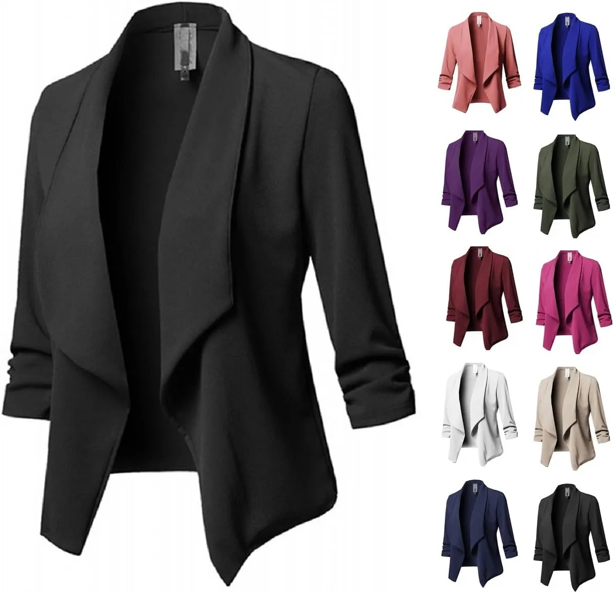 Women 3/4 Sleeve Blazer Lightweight Cropped Open Front Cardigan Jacket Casual Work Office Blazer Thin Outwear Coat Tops