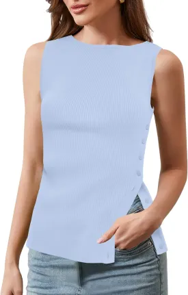 Women Asymmetrical Side Button Slit Hem Sweater Vest Sleeveless Ribbed Knit Tank Tops Boat Neck Summer Vest Tops 2025