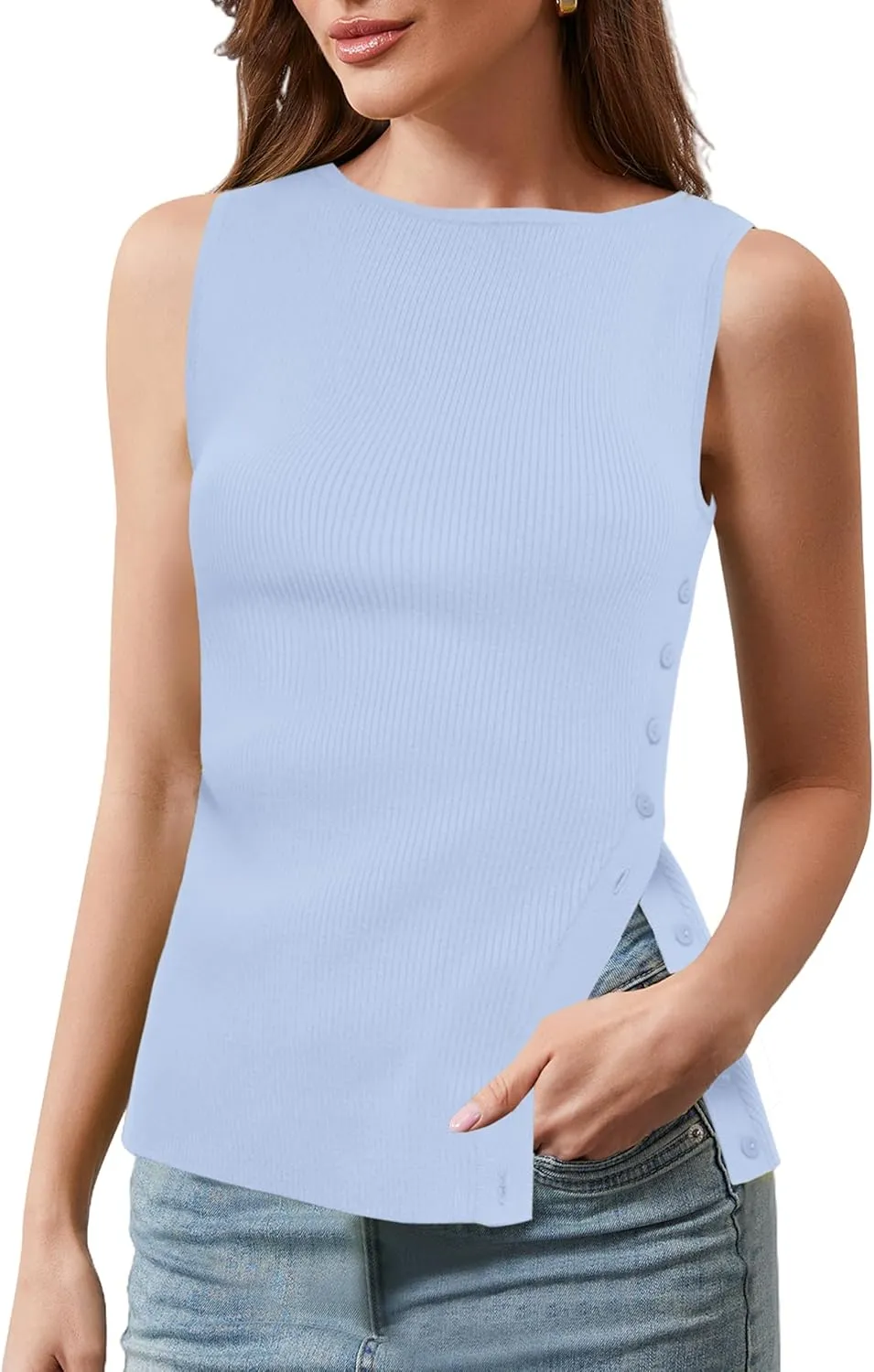 Women Asymmetrical Side Button Slit Hem Sweater Vest Sleeveless Ribbed Knit Tank Tops Boat Neck Summer Vest Tops 2025