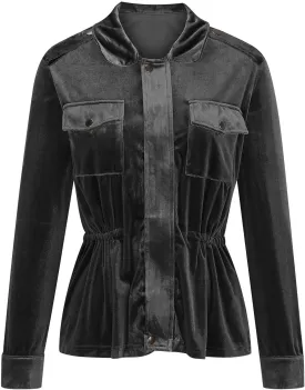 Women Oversize Velvet Shirt Casual Long Sleeve Solid Color Velour Jacket Cute Laple Button Blouse Tops with Pockets