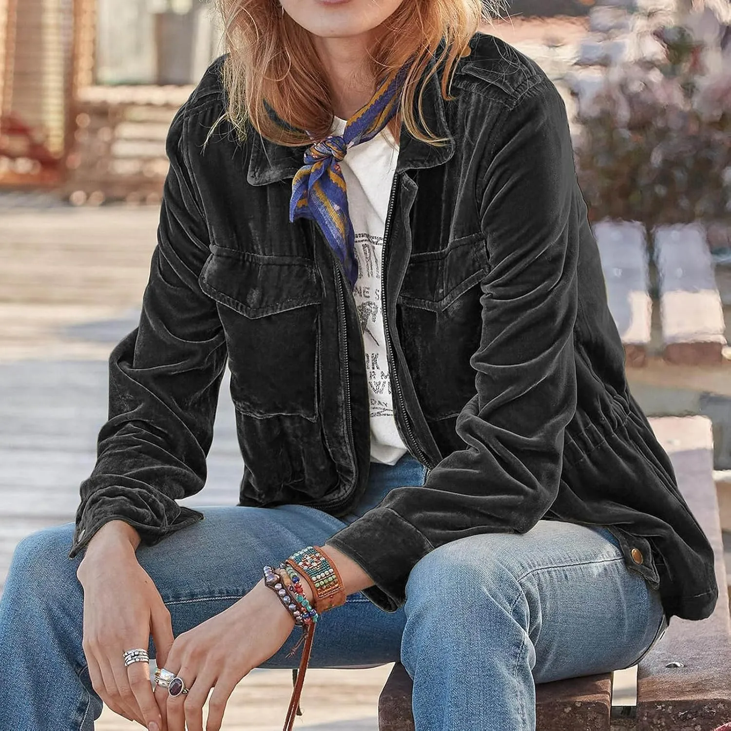 Women Oversize Velvet Shirt Casual Long Sleeve Solid Color Velour Jacket Cute Laple Button Blouse Tops with Pockets