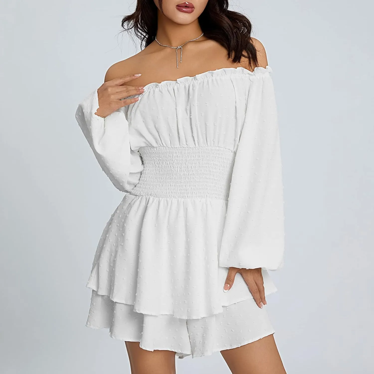Women Ruffle Romper Off Shoulder Puff Sleeve Flowy Layered A-Line Fairy Pirate Dressy Short Jumpsuit
