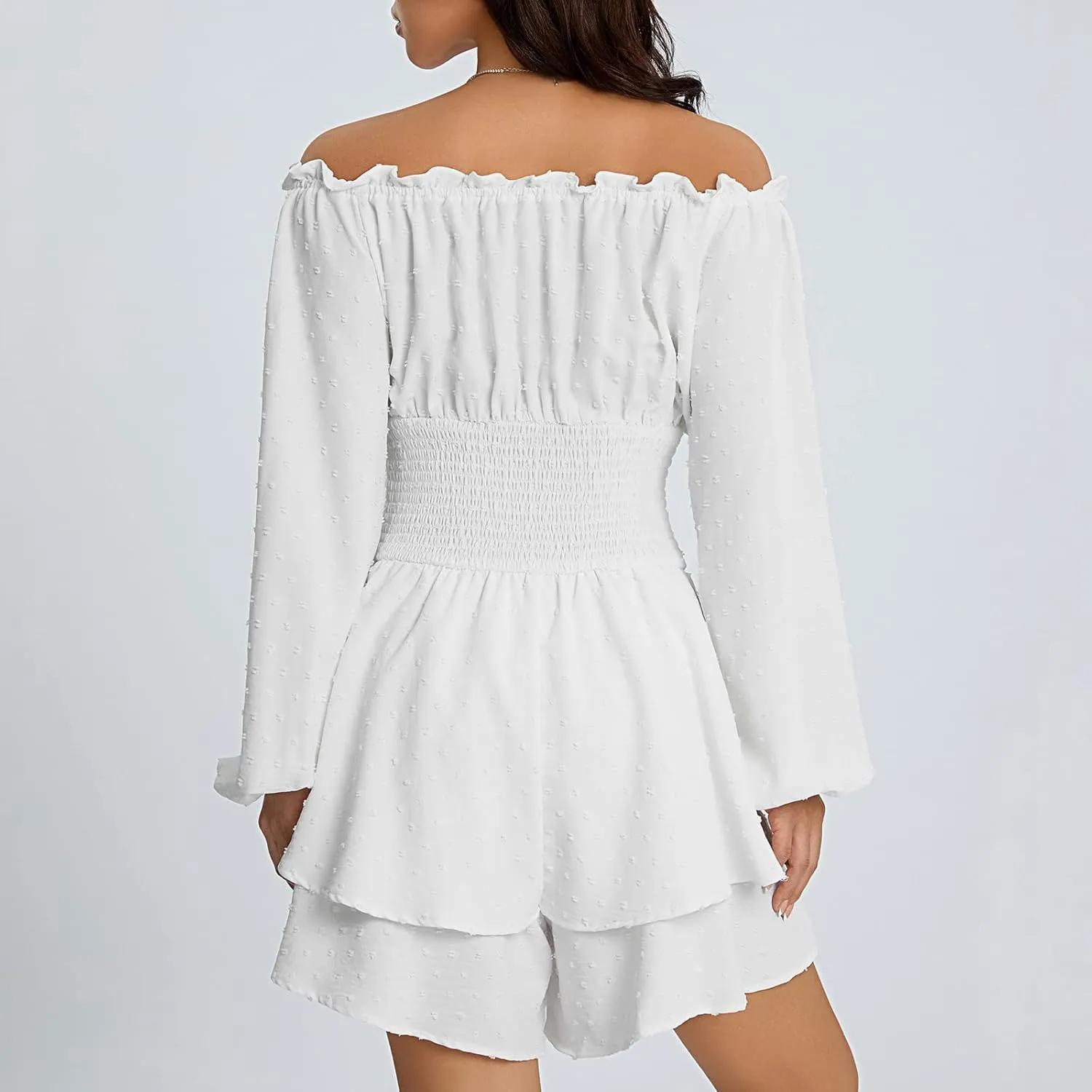 Women Ruffle Romper Off Shoulder Puff Sleeve Flowy Layered A-Line Fairy Pirate Dressy Short Jumpsuit