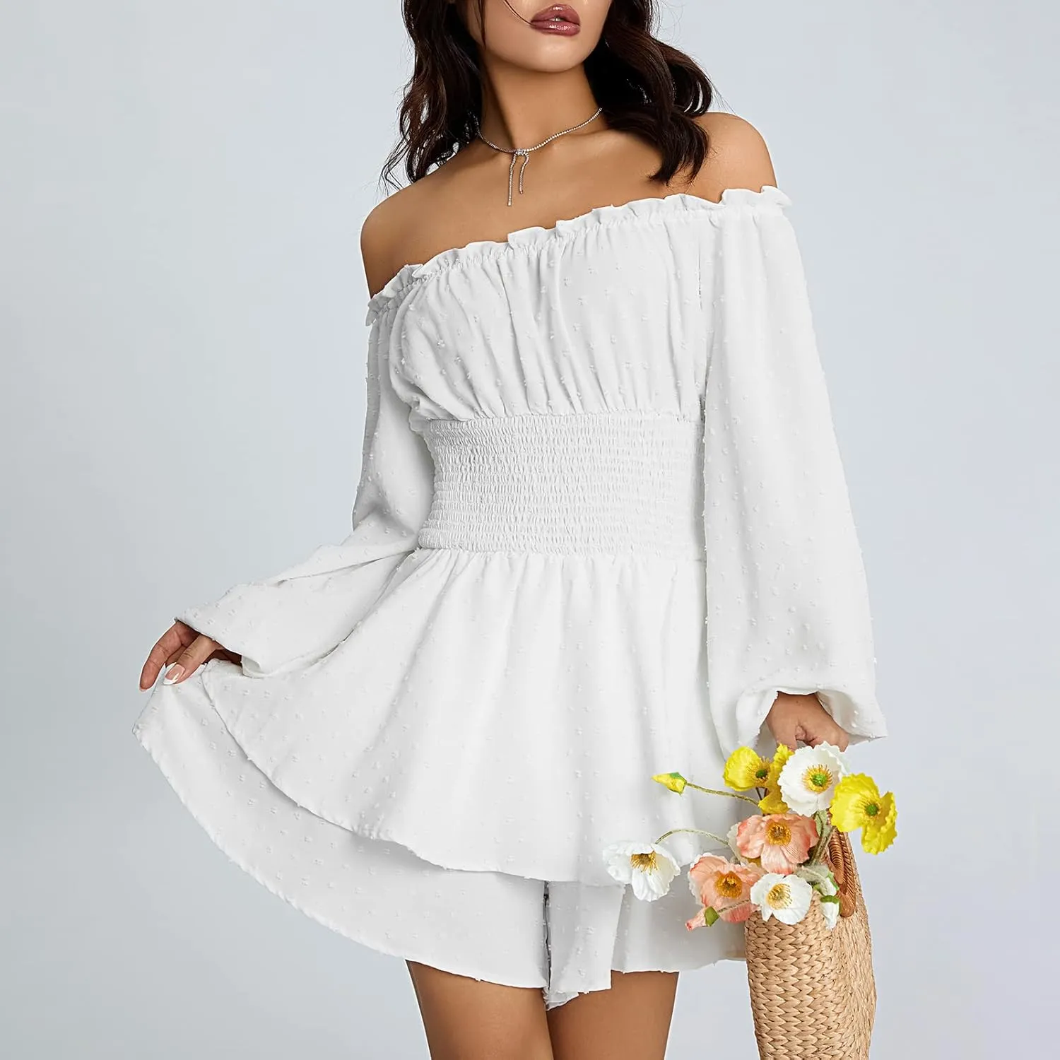 Women Ruffle Romper Off Shoulder Puff Sleeve Flowy Layered A-Line Fairy Pirate Dressy Short Jumpsuit