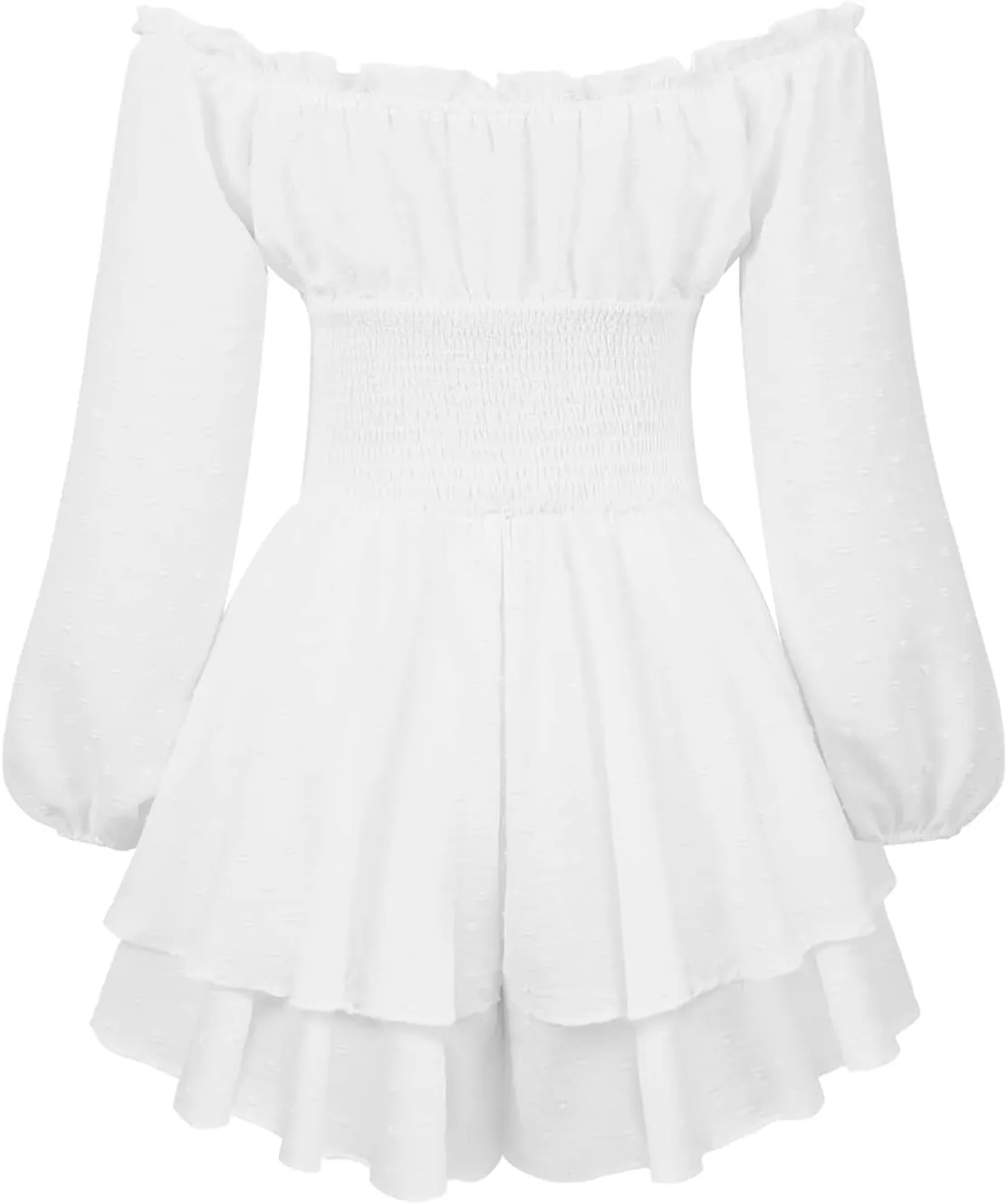 Women Ruffle Romper Off Shoulder Puff Sleeve Flowy Layered A-Line Fairy Pirate Dressy Short Jumpsuit