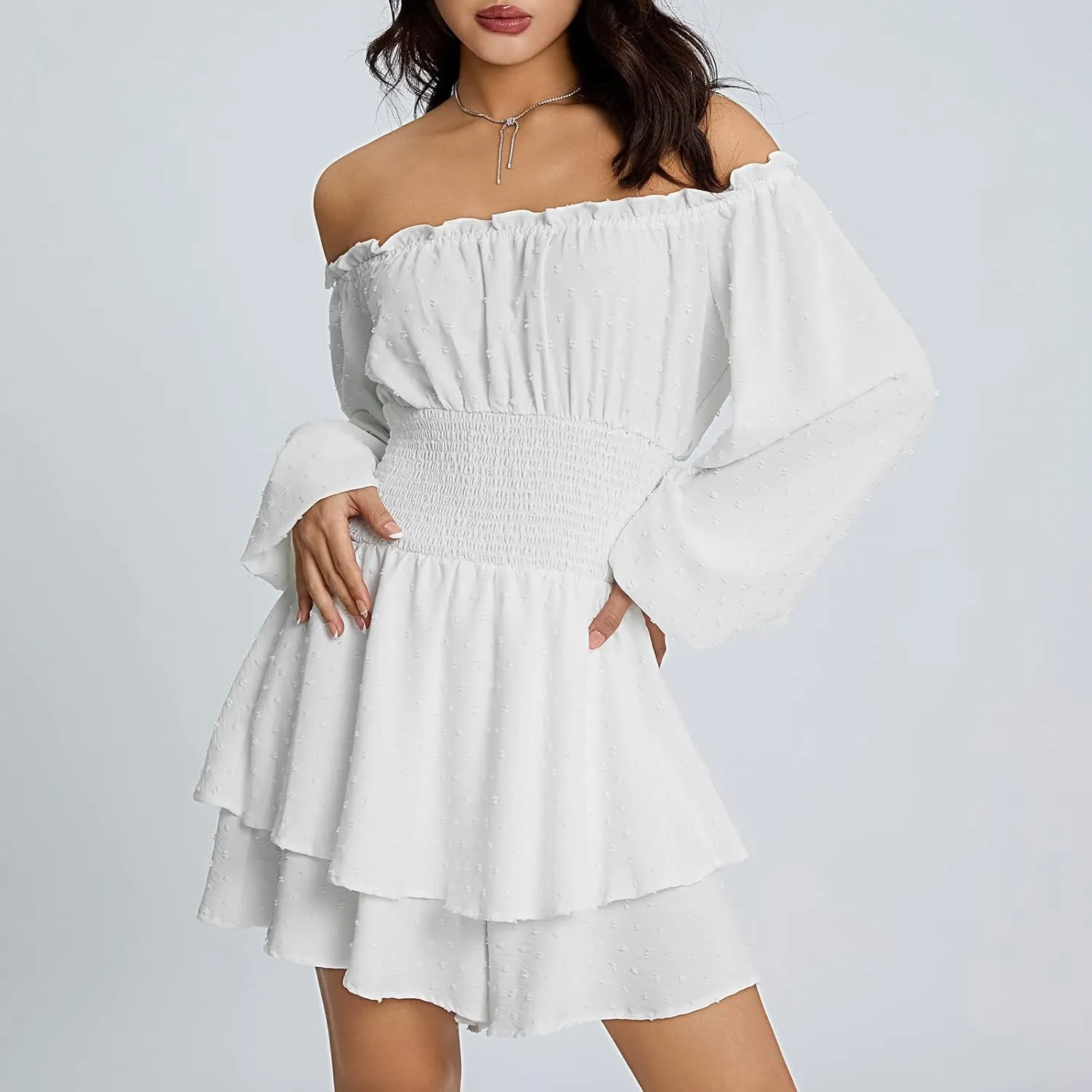 Women Ruffle Romper Off Shoulder Puff Sleeve Flowy Layered A-Line Fairy Pirate Dressy Short Jumpsuit