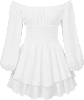 Women Ruffle Romper Off Shoulder Puff Sleeve Flowy Layered A-Line Fairy Pirate Dressy Short Jumpsuit