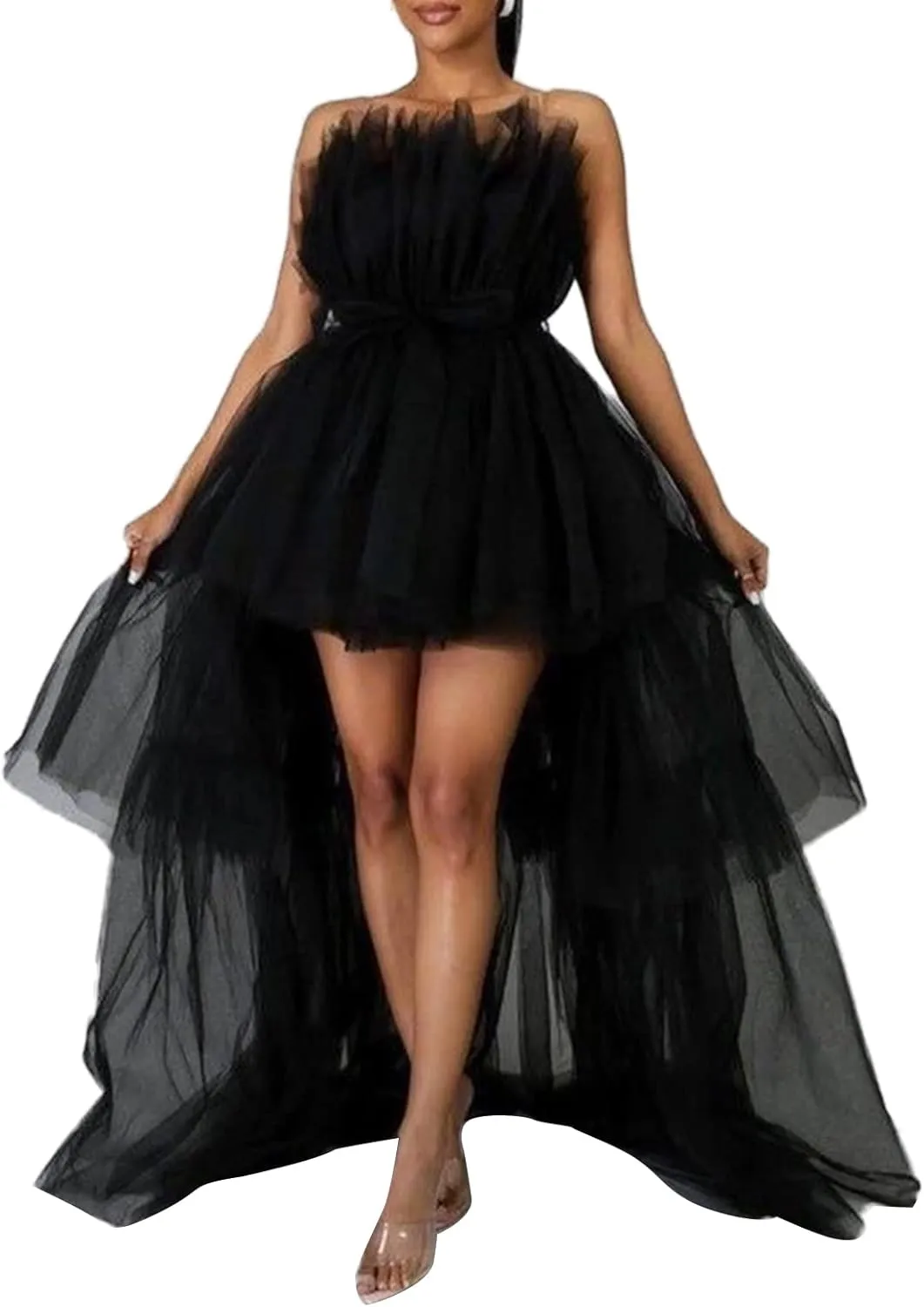 Women 's High Low Tulle Dress Strapless Off Shouler Tiered Cocktail Party Dress Prom Gown Evening Dress