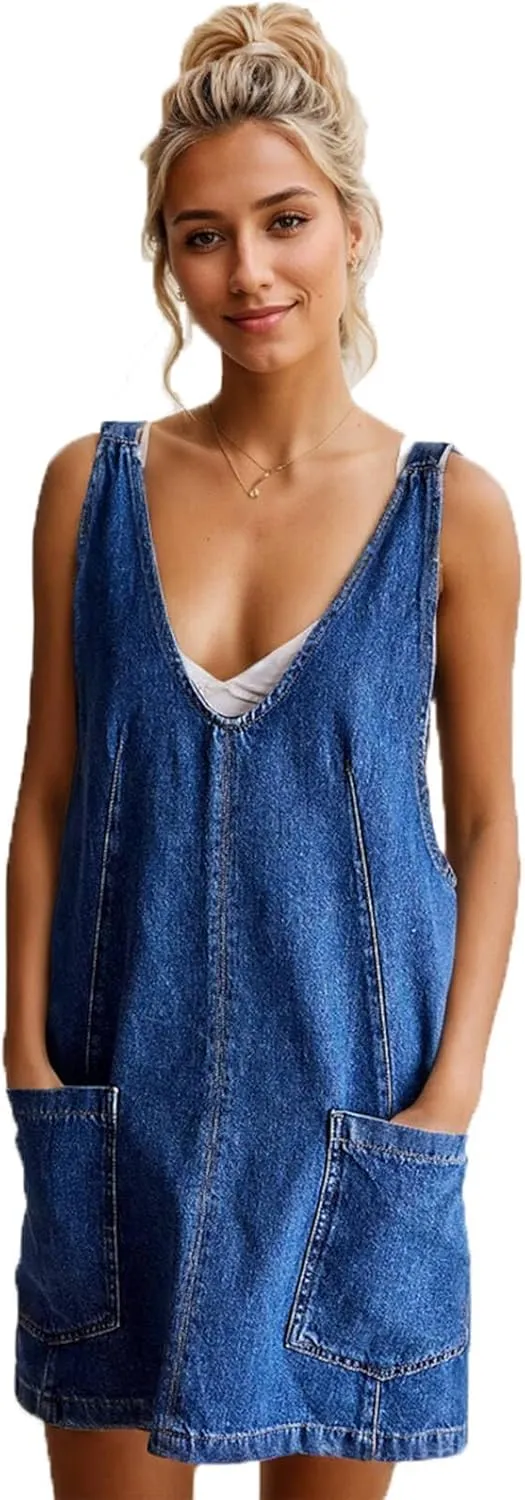 Women Stretch Denim Overalls Mini Dress Adjustable Shoulder Straps High Roller Skirtall Casual Jean Romper Jumpsuit