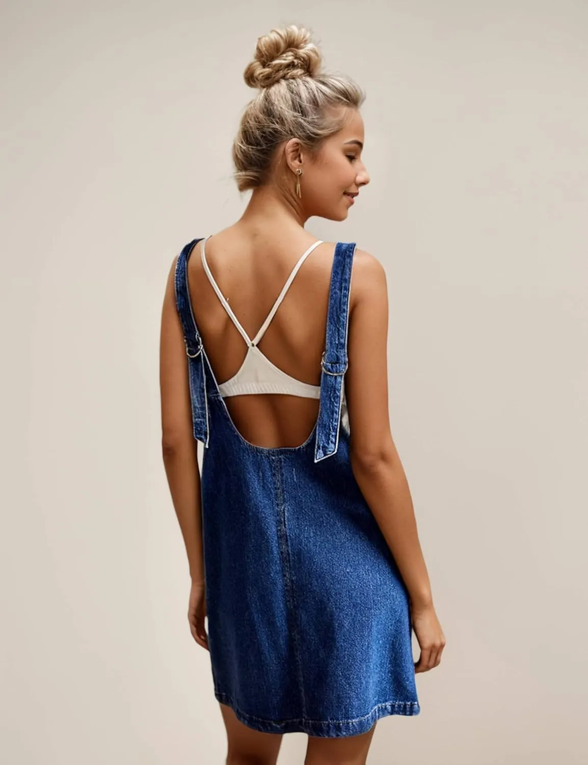 Women Stretch Denim Overalls Mini Dress Adjustable Shoulder Straps High Roller Skirtall Casual Jean Romper Jumpsuit