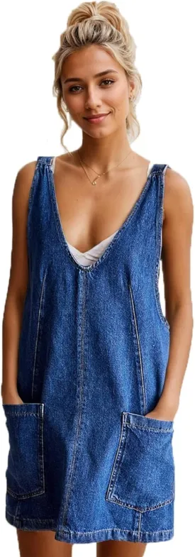 Women Stretch Denim Overalls Mini Dress Adjustable Shoulder Straps High Roller Skirtall Casual Jean Romper Jumpsuit