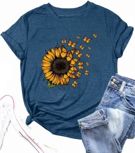 Women Sunflower Butterfly Shirts Boho Flower Print Tshirt Graphic Summer Short Sleeve Tees Casual Crewneck Tops