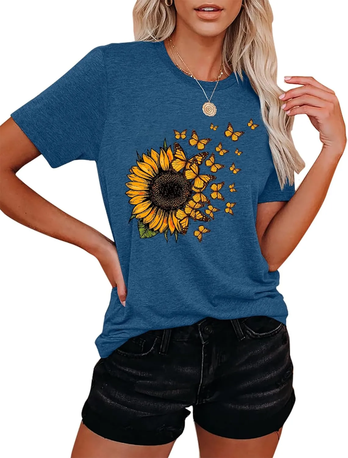 Women Sunflower Butterfly Shirts Boho Flower Print Tshirt Graphic Summer Short Sleeve Tees Casual Crewneck Tops