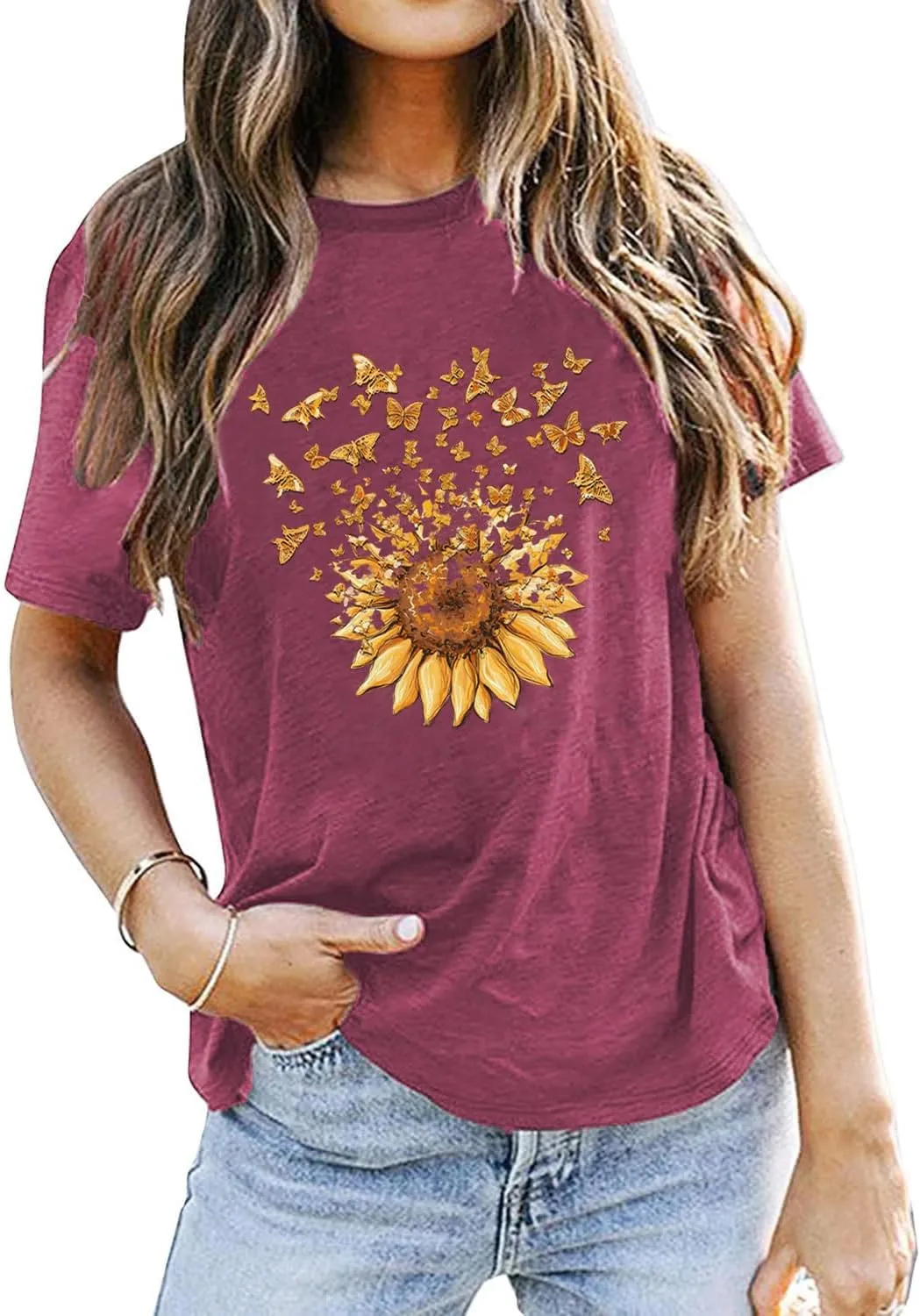 Women Sunflower Butterfly Shirts Boho Flower Print Tshirt Graphic Summer Short Sleeve Tees Casual Crewneck Tops
