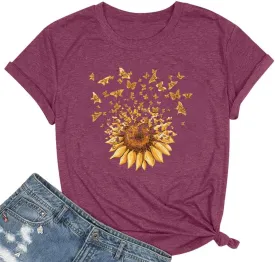Women Sunflower Butterfly Shirts Boho Flower Print Tshirt Graphic Summer Short Sleeve Tees Casual Crewneck Tops
