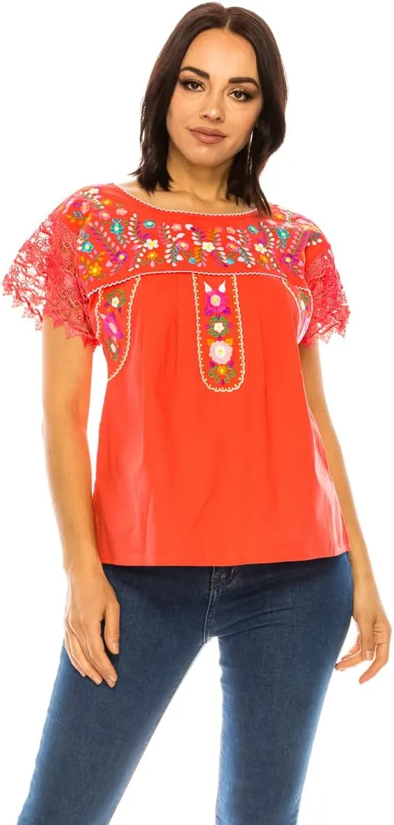 Women Traditional Puebla Mexican Embroidered Blouse