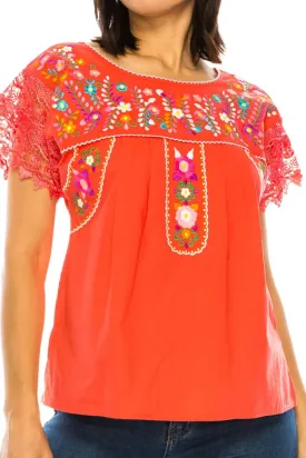Women Traditional Puebla Mexican Embroidered Blouse