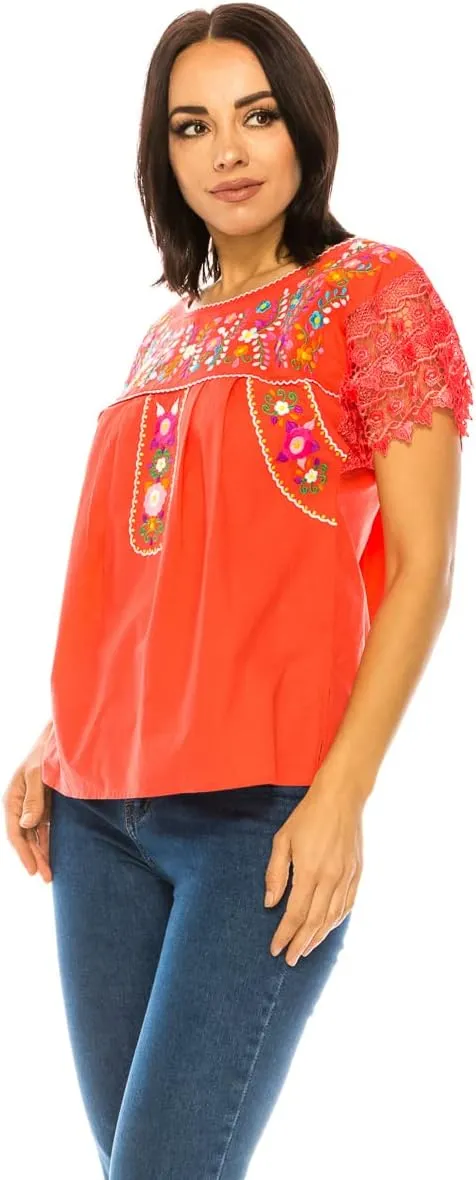 Women Traditional Puebla Mexican Embroidered Blouse