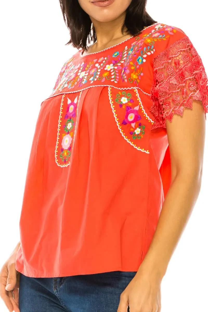 Women Traditional Puebla Mexican Embroidered Blouse