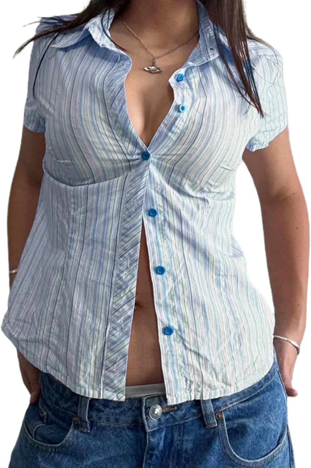 Women Y2K Plaid Button Down Shirt Coquette Short Sleeve V Neck Blouses Top Vintage Preppy Crop Shirt Tops