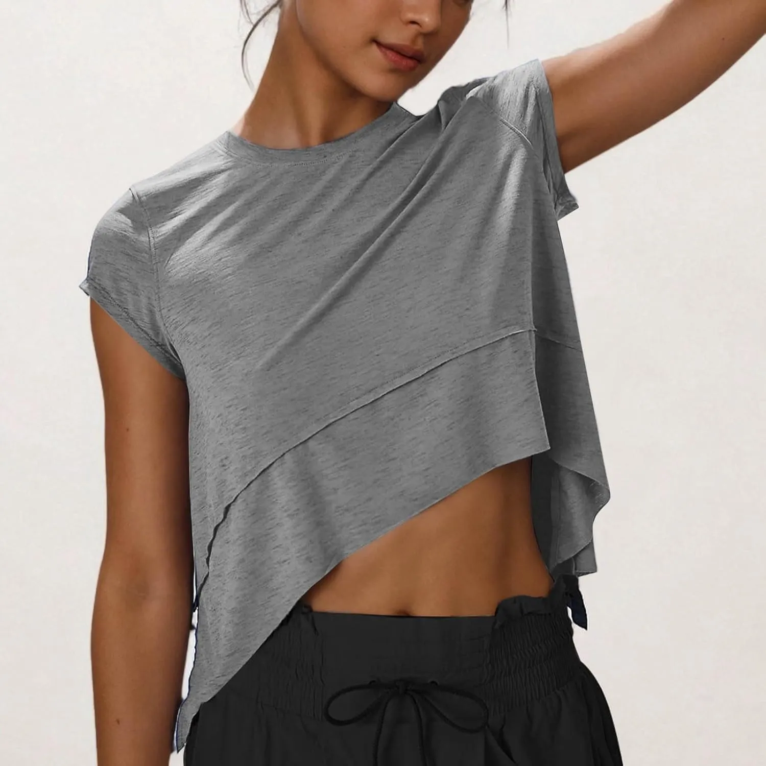 Women's Athletic T-Shirts Fashion Irregular Hem Crewneck Cap Sleeve Cropped Tops Lightweight Breathable Yoga Gym Tees