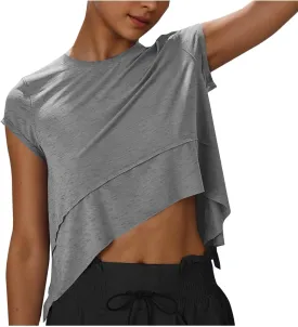 Women's Athletic T-Shirts Fashion Irregular Hem Crewneck Cap Sleeve Cropped Tops Lightweight Breathable Yoga Gym Tees