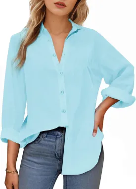 Womens Button Down Shirts, Long Sleeve Cotton Blouse for Women Casual, Collar Long Sleeve Blouse Tops for Pocket