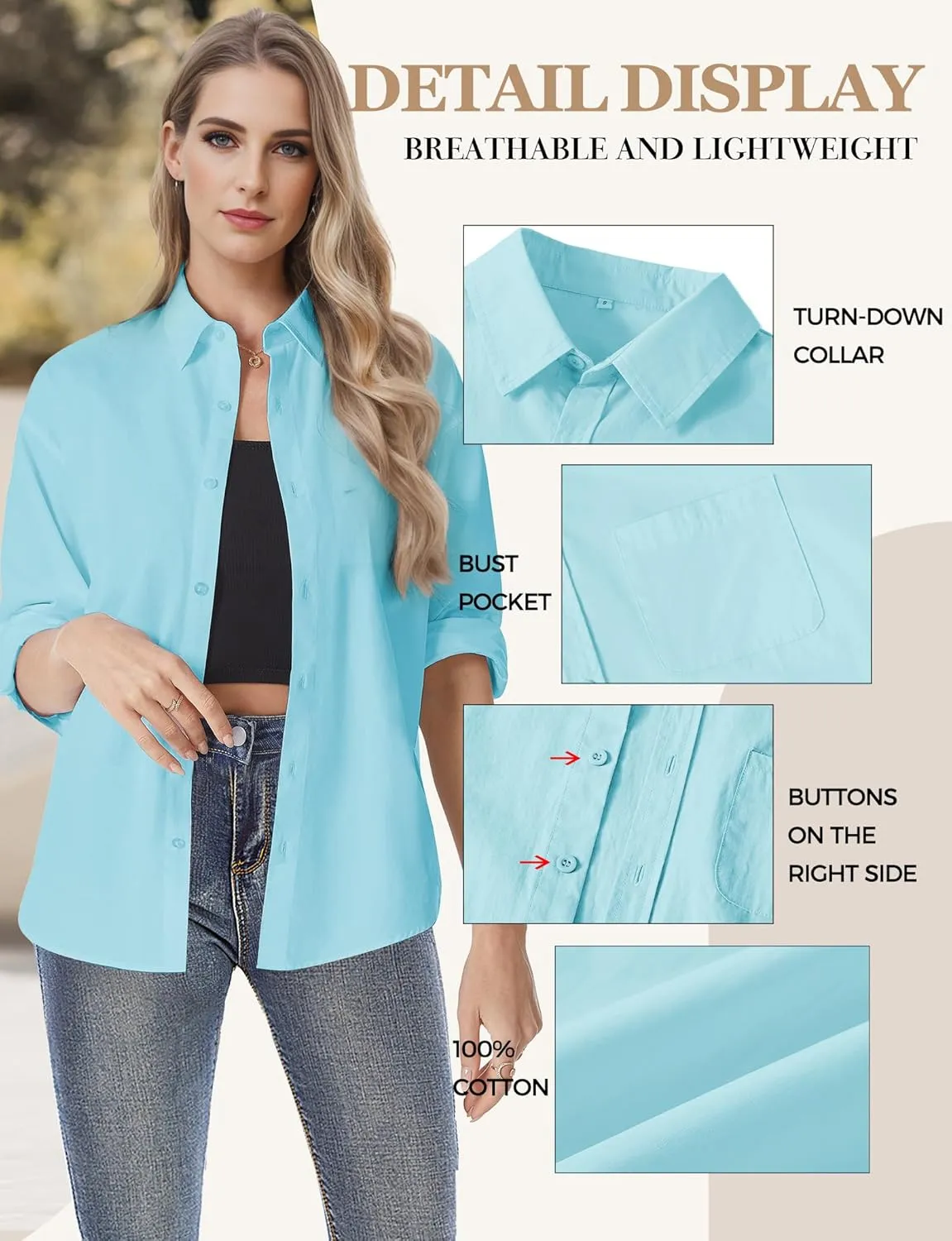 Womens Button Down Shirts, Long Sleeve Cotton Blouse for Women Casual, Collar Long Sleeve Blouse Tops for Pocket