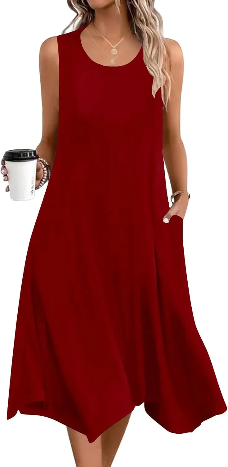 Womens Casual Summer Sleeveless Dress Loose Flowy Beach Dress with Pocket Trendy Dressy Asymmetrical Hem Midi Sundress
