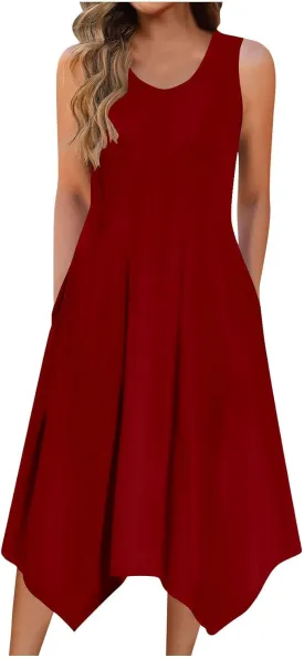 Womens Casual Summer Sleeveless Dress Loose Flowy Beach Dress with Pocket Trendy Dressy Asymmetrical Hem Midi Sundress